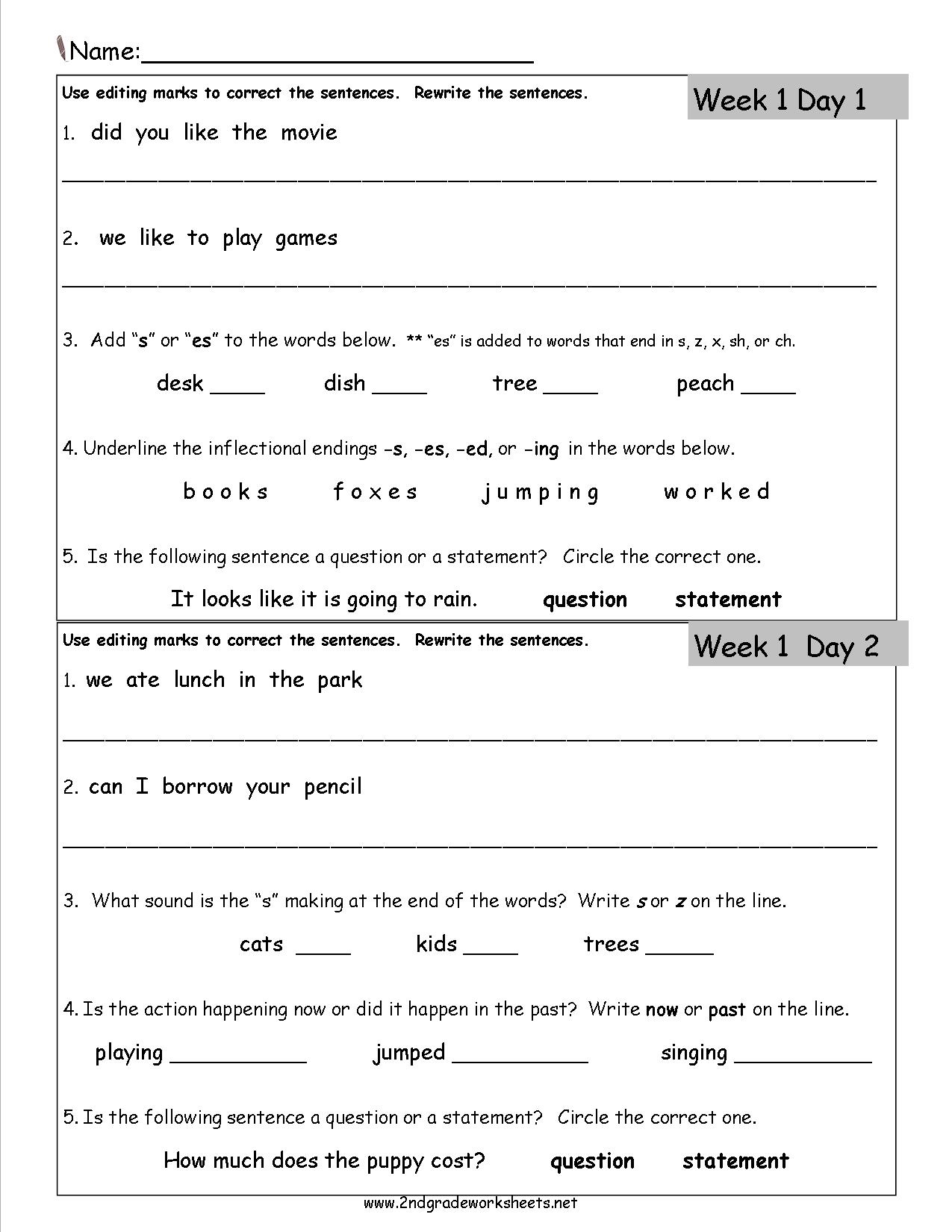 2nd Grade Daily Language Review Worksheets