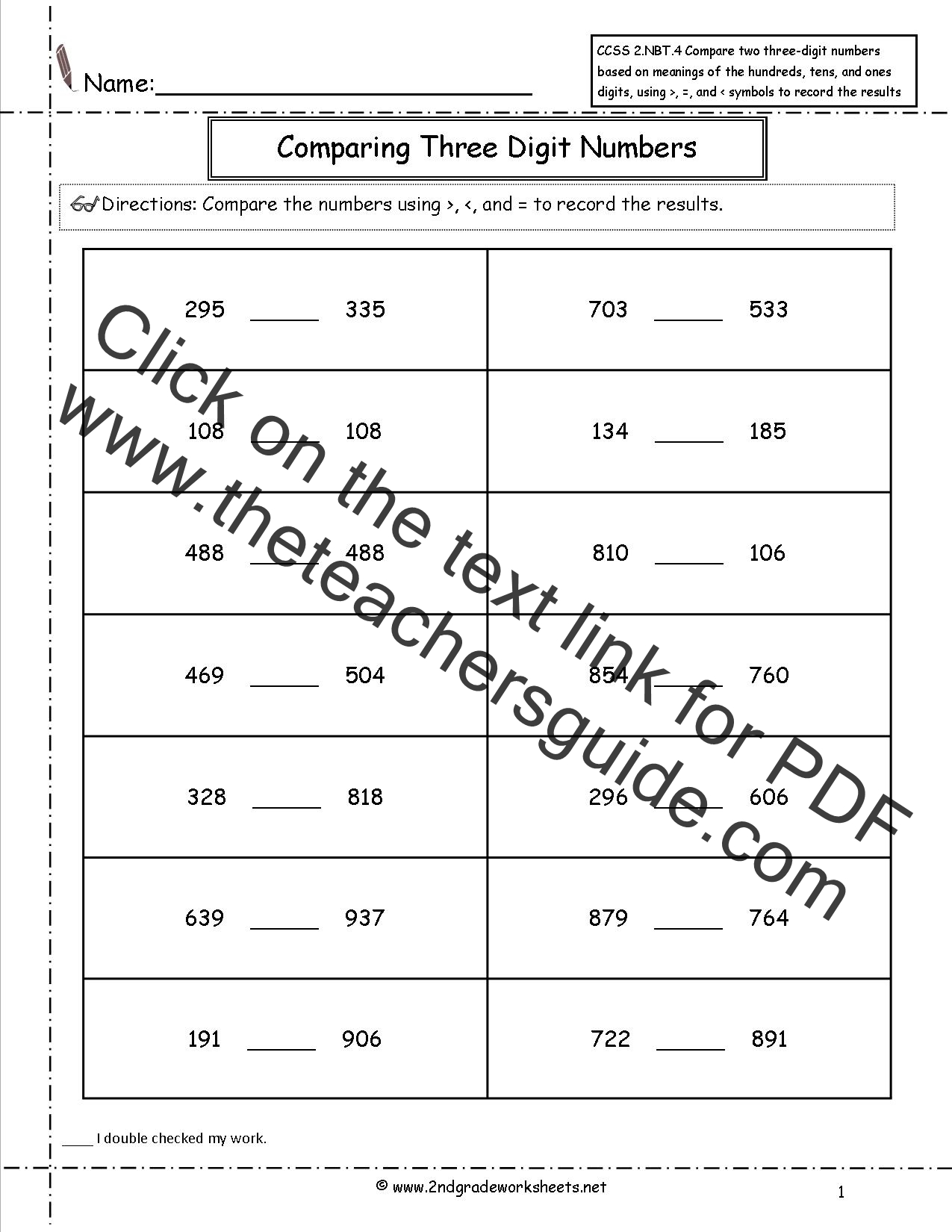 CCSS 2 NBT 4 Worksheets Comparing Three Digit Numbers 