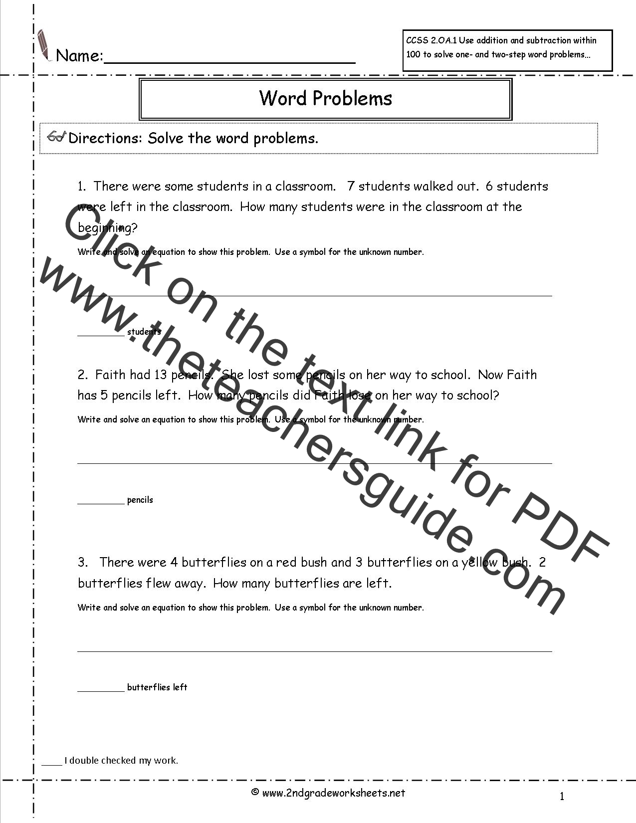 CCSS 22.OA.22 Worksheets. Addition and Subtraction Word Problems Inside Algebra 2 Word Problems Worksheet