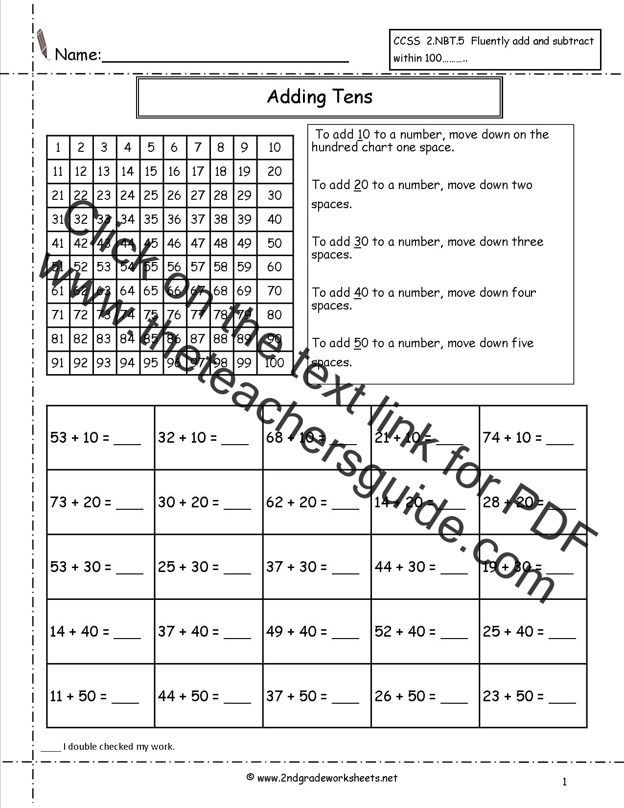 Subtracting Tens On A Hundred Chart Worksheet