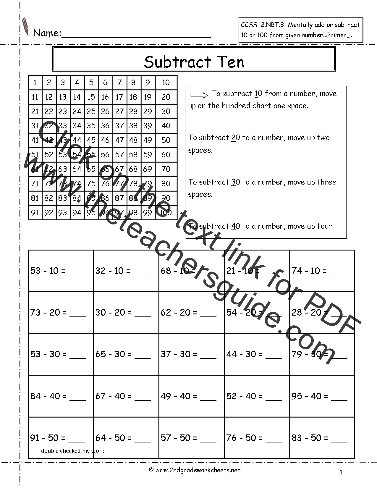 Subtraction Using Hundreds Chart Worksheet