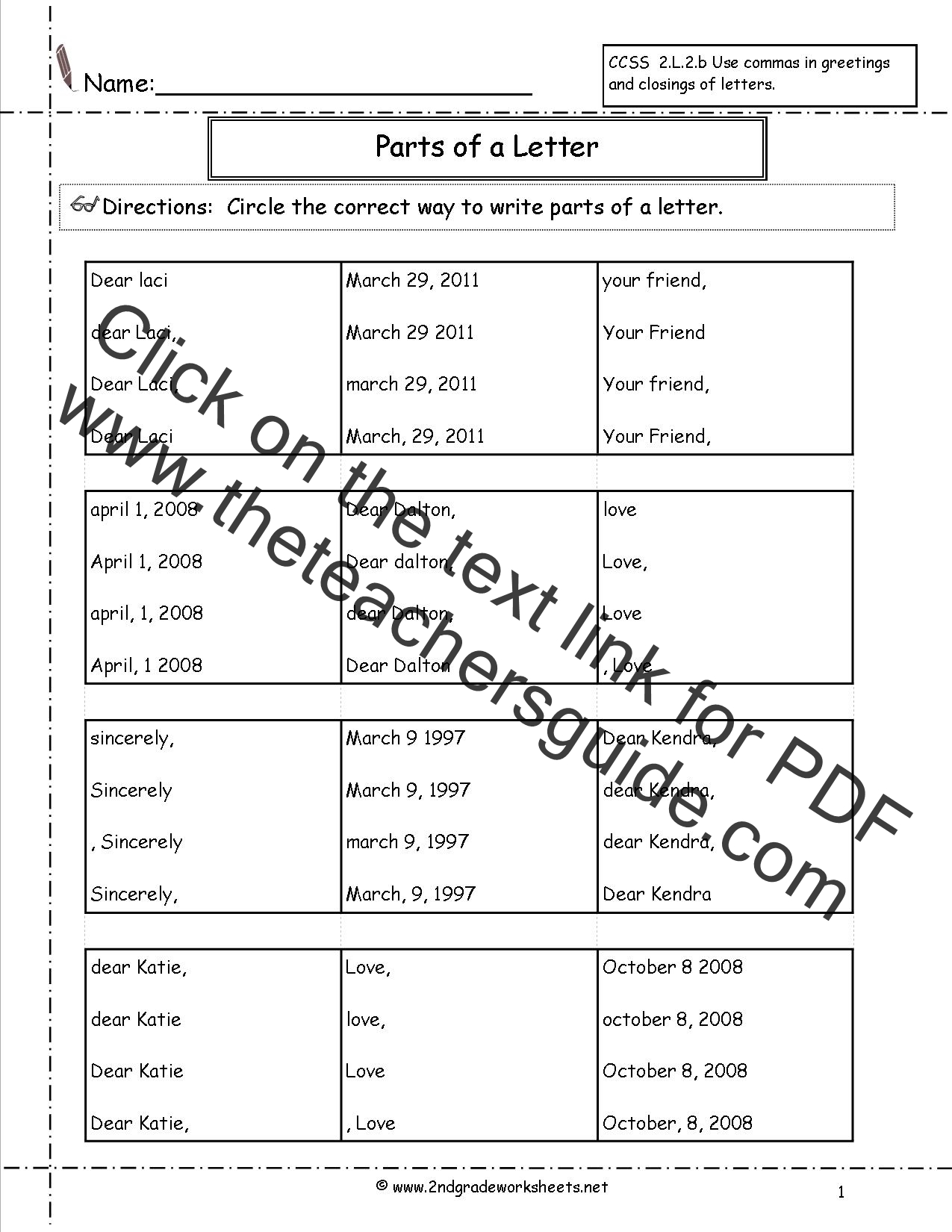 Letters and Parts of a Letter Worksheet