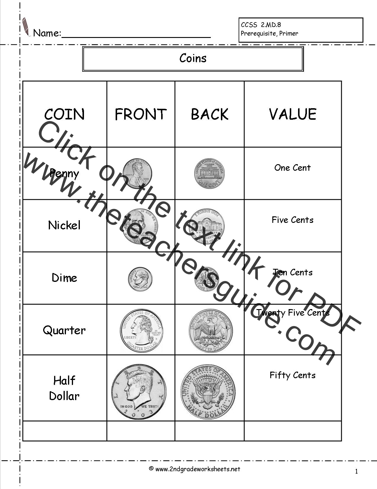 value of coins worksheet pdf