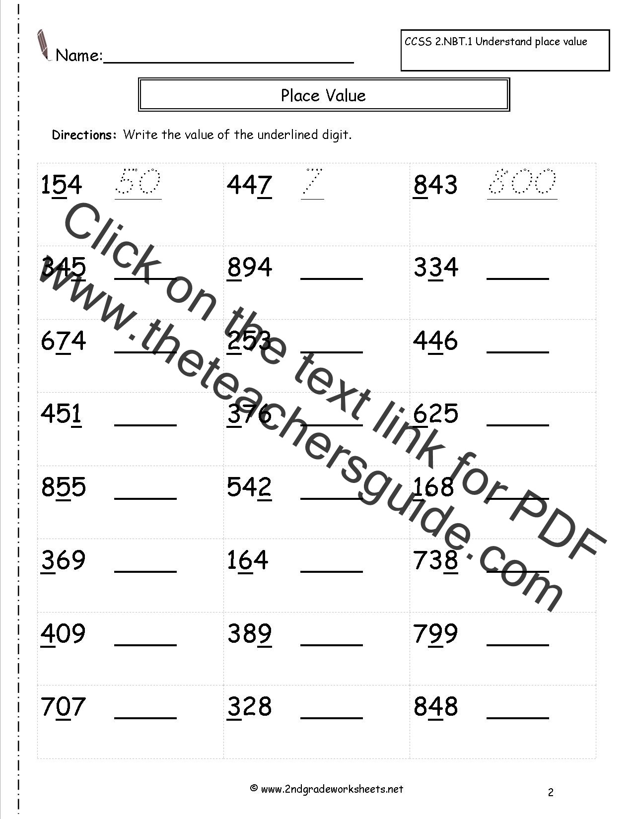 Second grade math worksheets place value