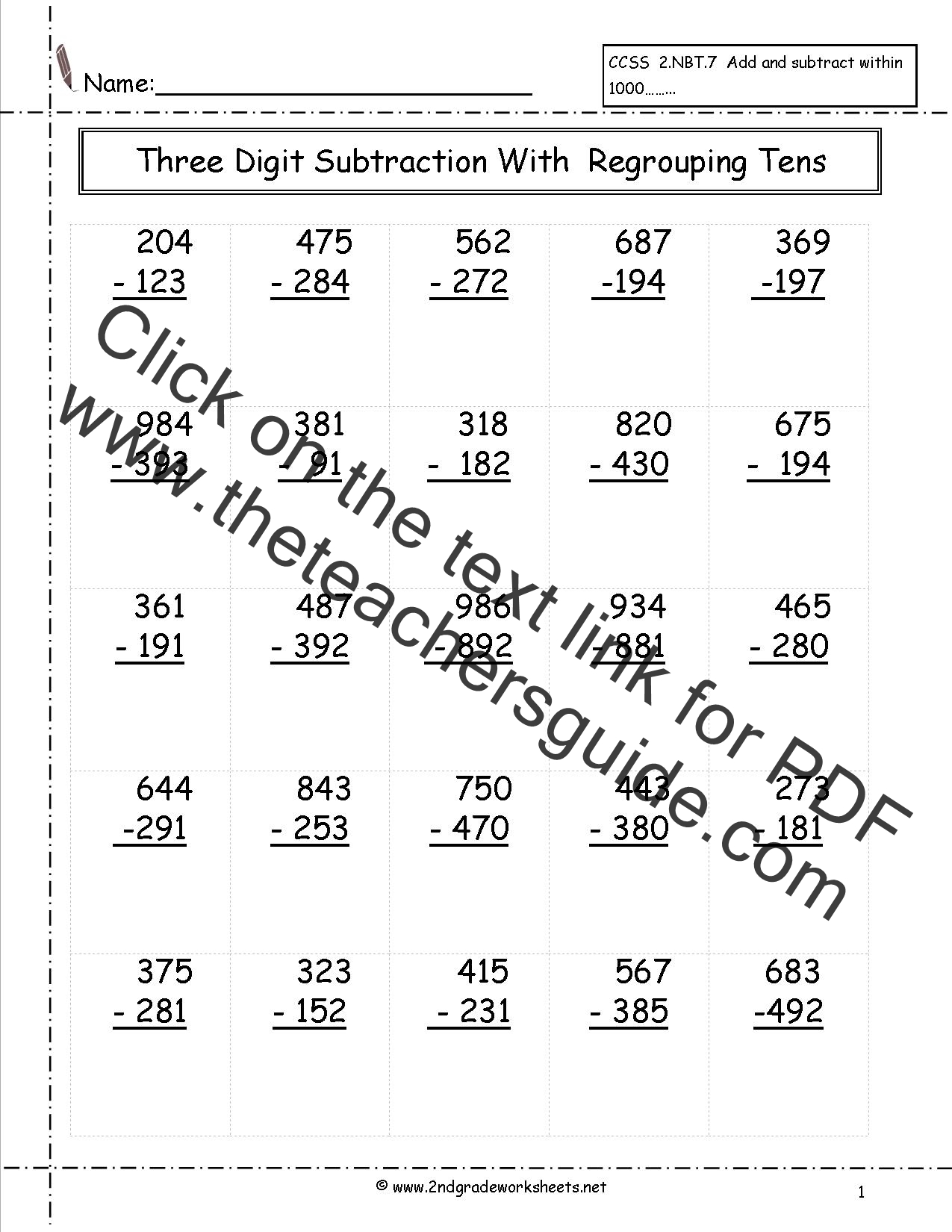 three digit subtraction worksheets