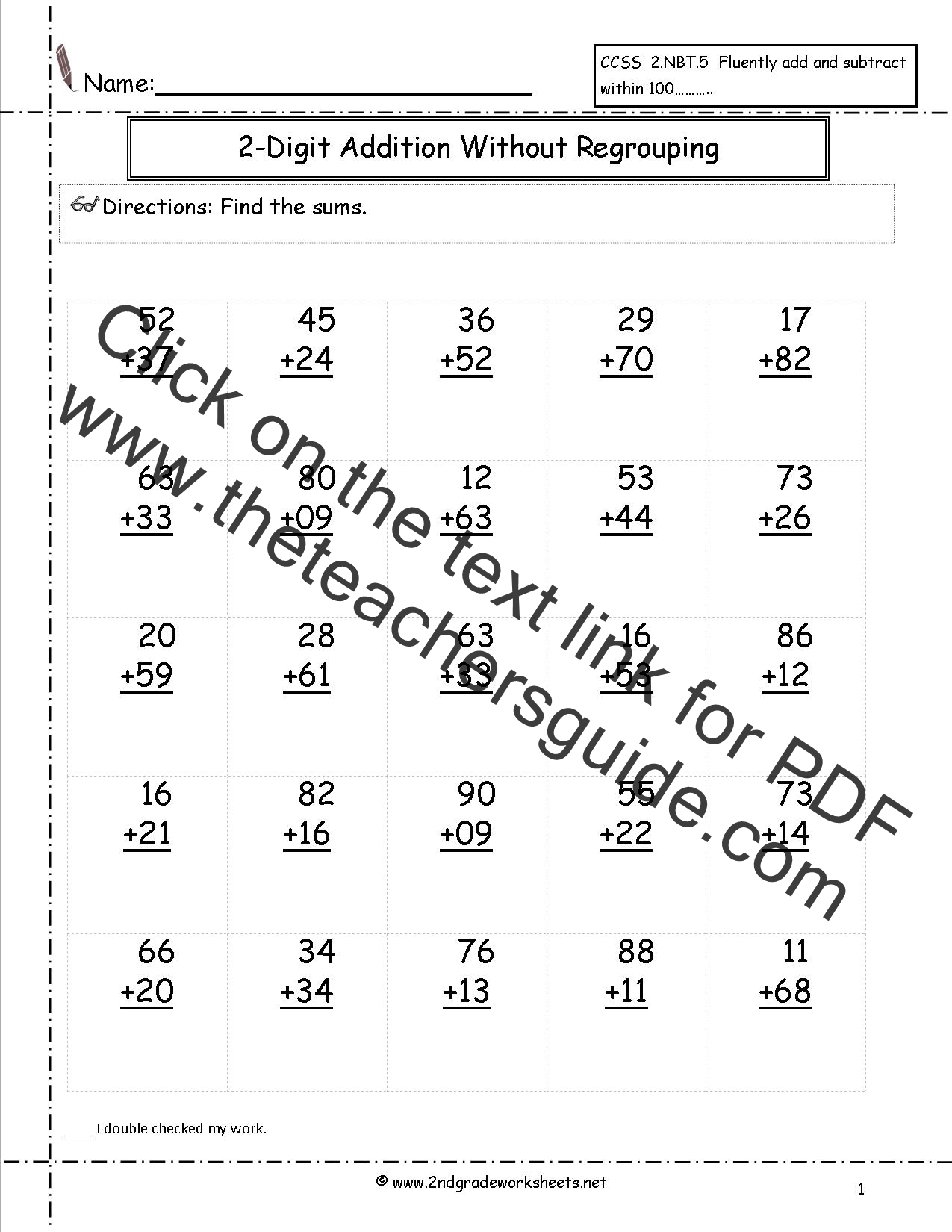 Adding two 2-digit numbers (sum under 100) worksheets